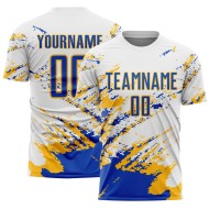 Benutzerdefinierte weiß Thunder Blue-Gold abstrakte Fragment Kunst Splash Sublimation Fußball Uniform Trikot